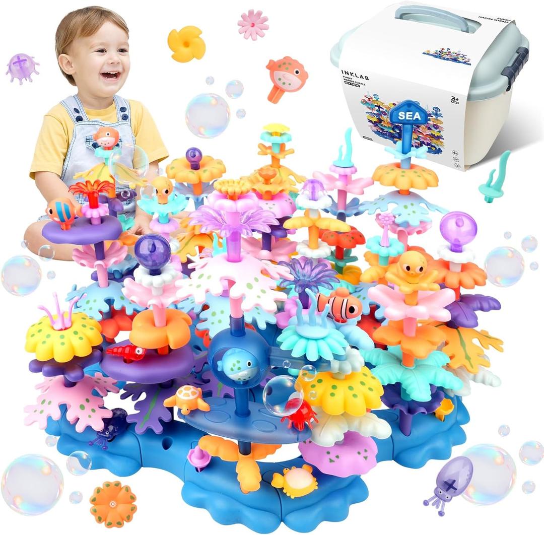 INKLAB Birthday Gifts for 3 4 5 6 7 Years Old Toddlers Girls Boys - 136PCS Marine Life Building Stacking Toys with Carry Box | STEM Preschool Educational Pretend Play | Learning Toys for Kids Age 3+