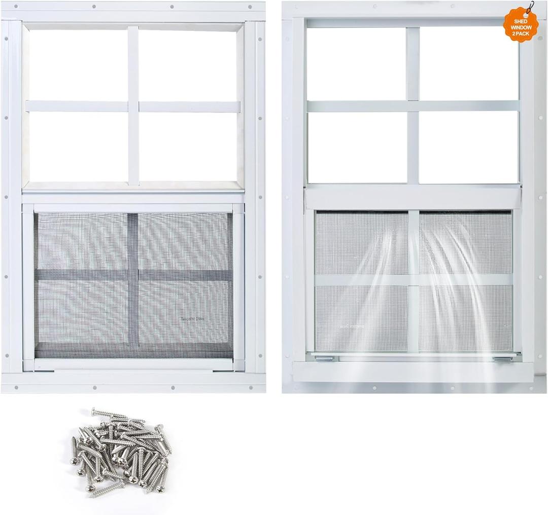 Shed Window 2 Pack 18"X27" White Flush Mount Small Sliding Household Windows with Tempered Glass and Fiberglass Screen for Shed,Chicken Coop, Playhouse,Barns,Garage
