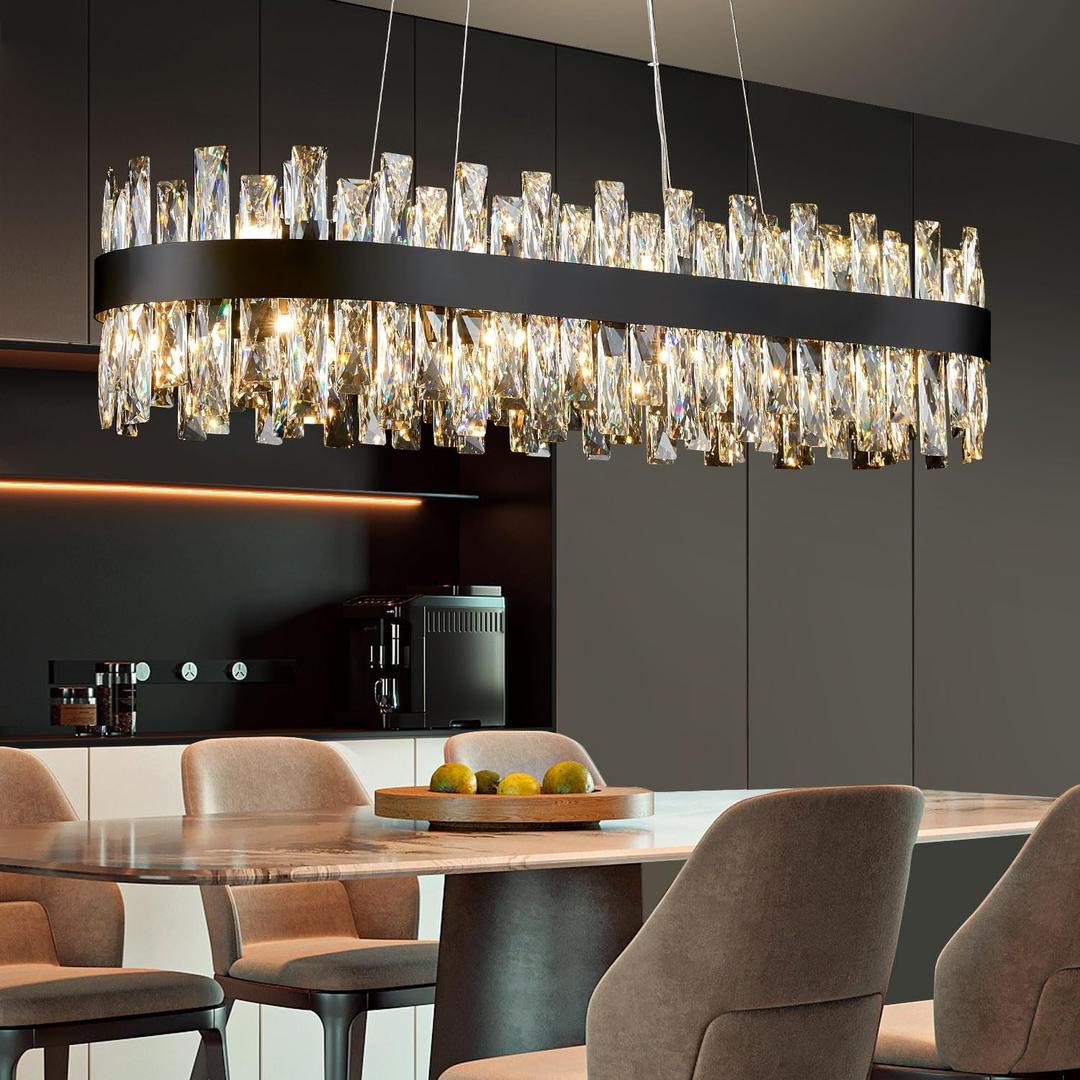 Modern Black Crystal Chandelier for Dining Room, Rectangle K9 Crystal Raindrop Chandelier Lights, Contemporary Ceiling Hanging Light Fixtures for Kitchen Island Dining Room, Length 35.4 inches, L35.4 inches
