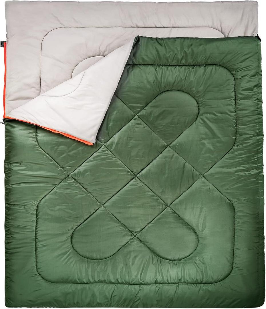 Amazon Basics 40F Cold Weather Two-Person Sleeping Bag for Outdoor Camping, Queen Size XL, 87" x 59", Olive Green