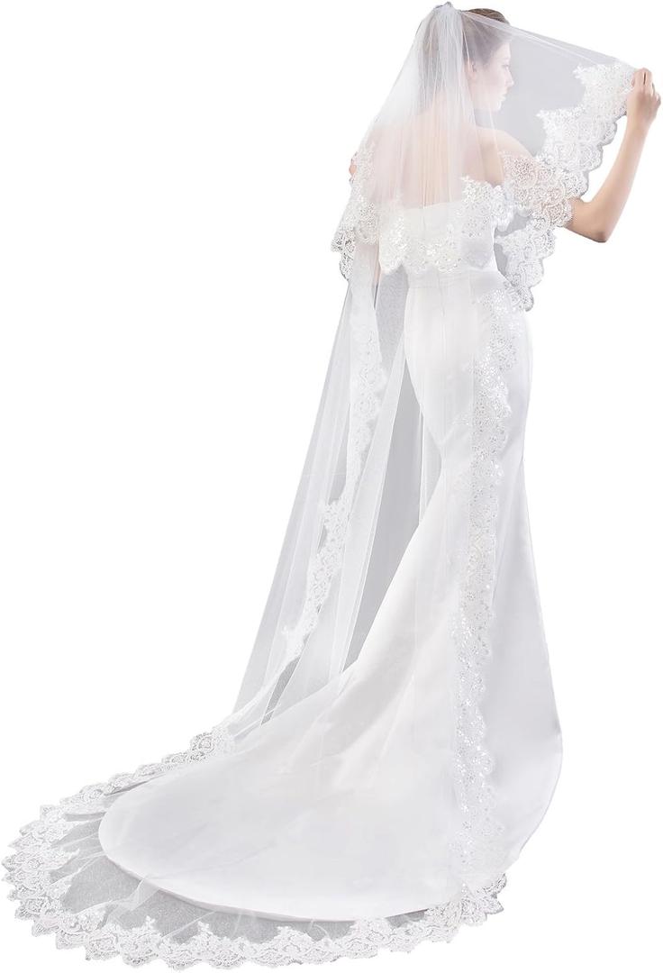 EllieHouse Chapel Length 2 Tier Sequin Lace Wedding Bridal Veil For Bride E74 (White)
