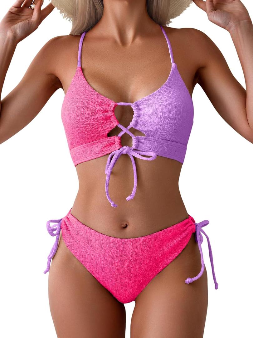 B2prity Women's Sexy Bikini Set Color Block Lace Up 2 Piece Bathing Suit Tie Side Swimsuit (XX-Large)