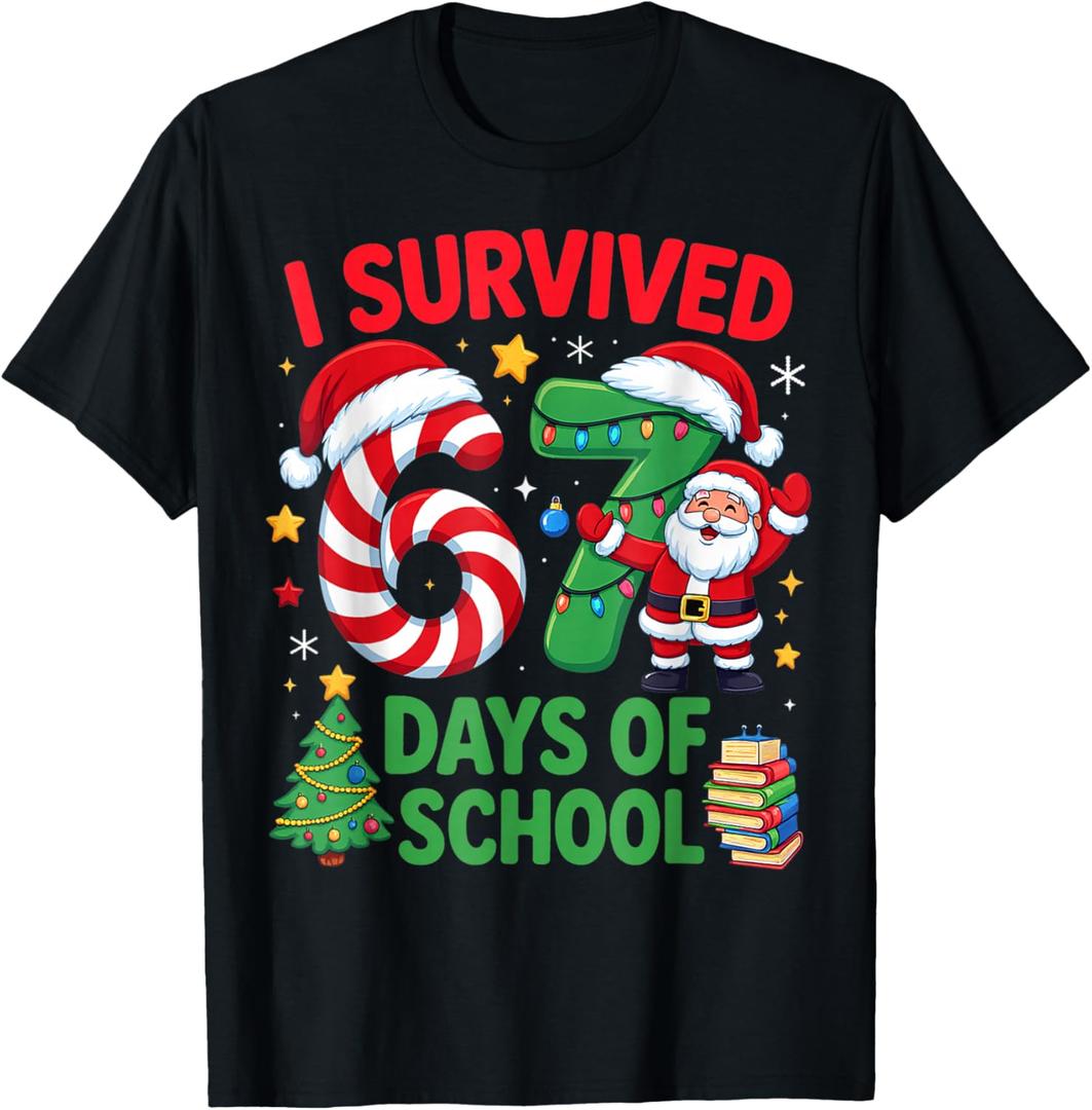 I Survived 67 Days of School Christmas Candy Cane Six Seven T-Shirt L