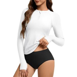 American Trends Womens Rash Guard Long Sleeve Swimsuits for Women Two Pieces Mock Neck Zipper Bathing Suit with Bottom (Medium, White)