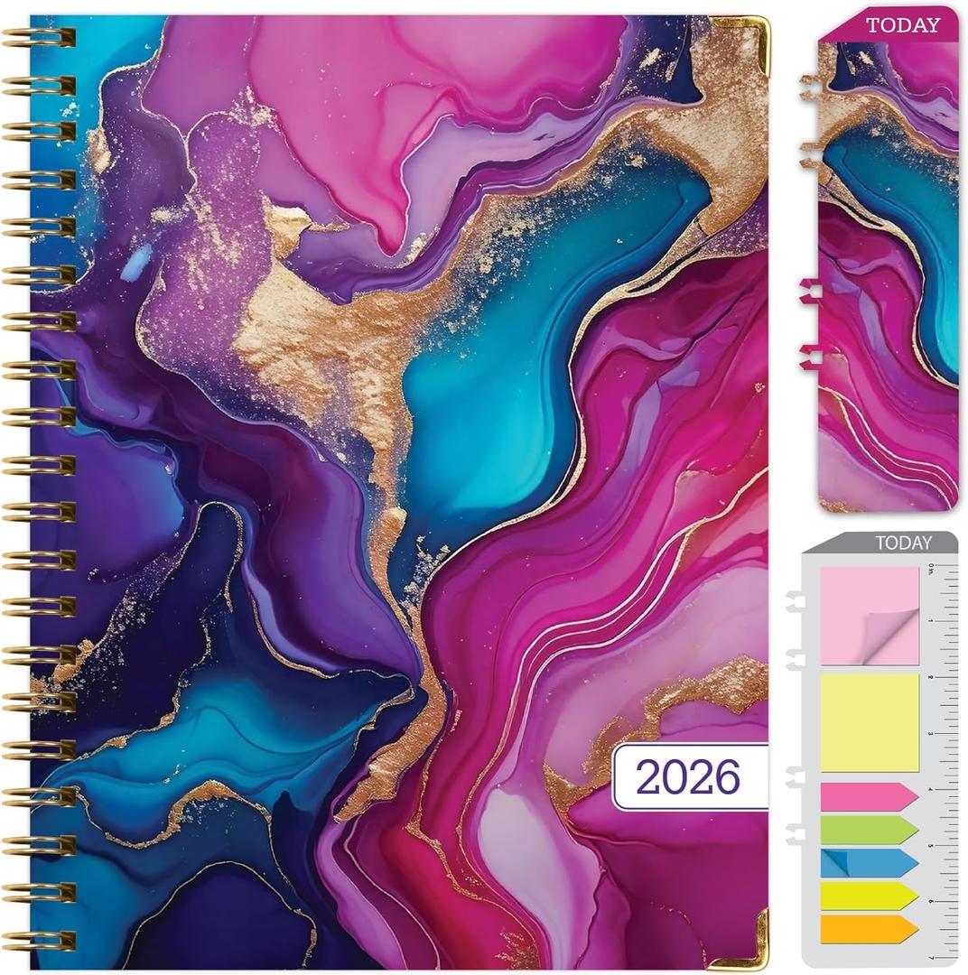 HARDCOVER 2026 Planner, 8.5"x11": 14 Months (November 2025 - December 2026), Daily Weekly Monthly Planner, Yearly Agenda, Bookmark, Pocket Folder and Sticky Note Set (Pink Purple Marble)