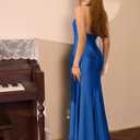 LAGSHIAN Women's Elegant V Neck Halter Backless Bodycon High Split Ruched Long Formal Evening Dress (Blue, XL)
