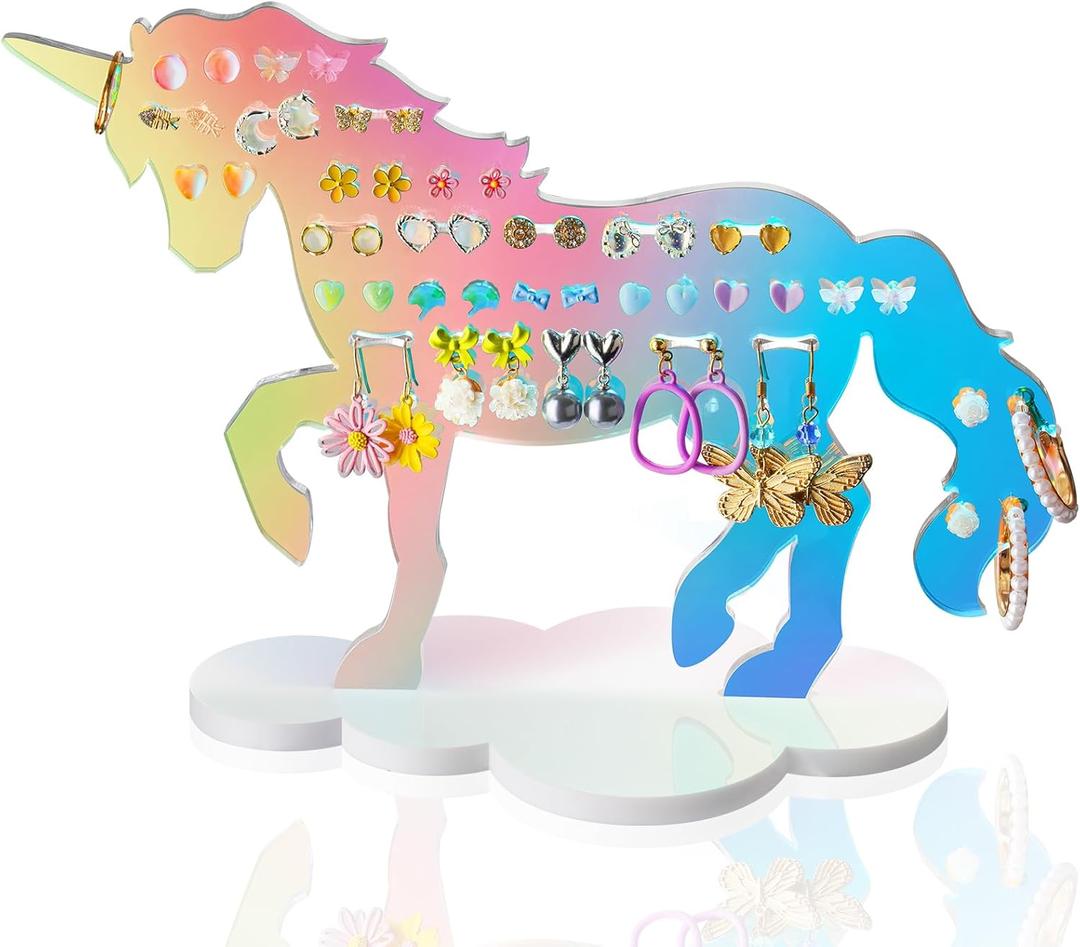 NiHome Iridescent Acrylic Unicorn Earring Organizer, Rainbow Color Unicorn Stand on White Cloud Base for Studs and Hooks, Decorative and Functional Jewelry Holder with 34 Holes & 13 Slots (Small)
