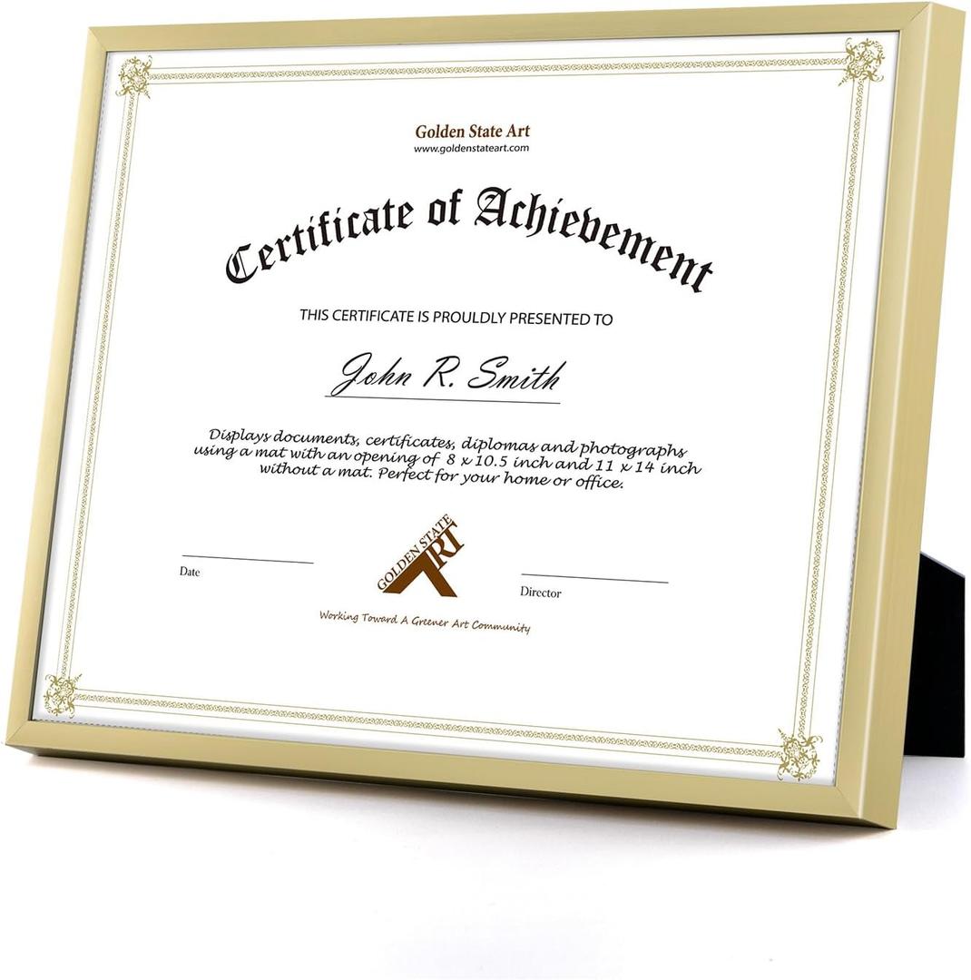 Golden State Art, 8.5x11 Aluminum Frame, Real Glass, Metal Frame for 8.5 by 11 inch Document, Certificate, Diploma. with Easel Stand (Gold, 1 Pack)