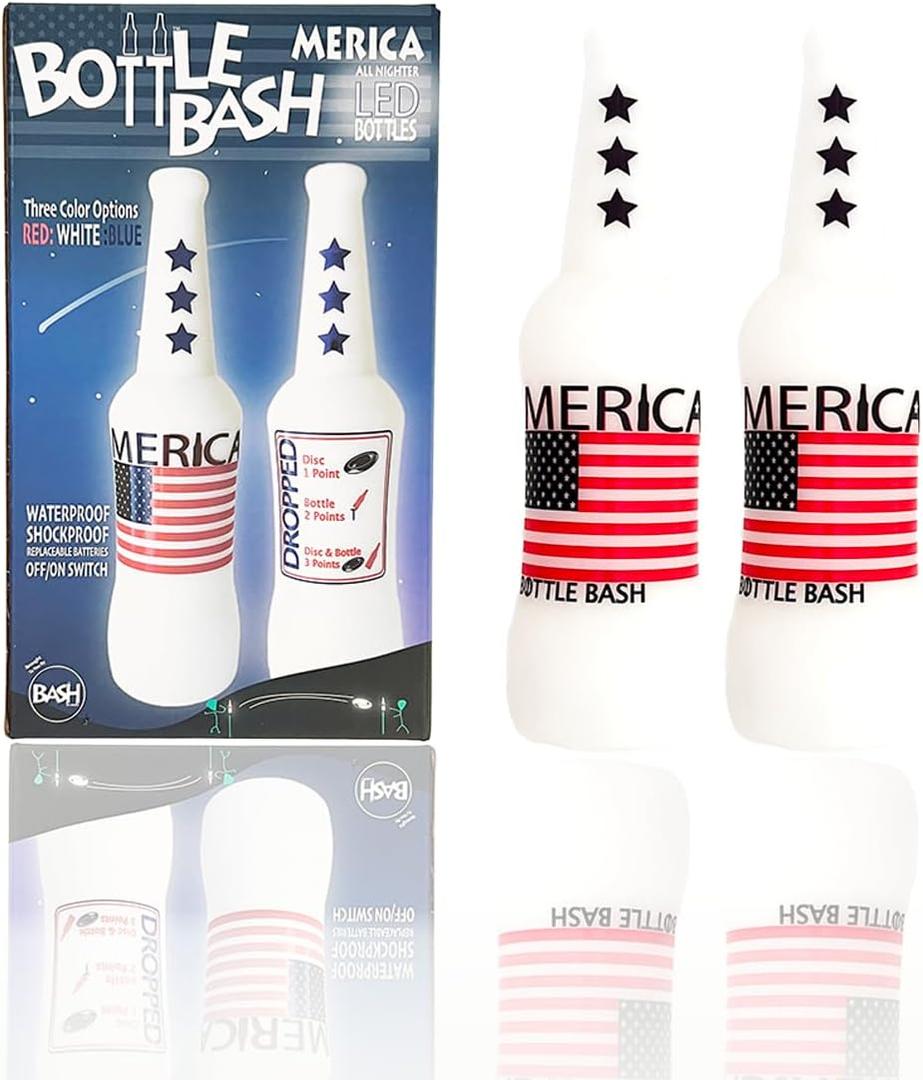 Original Bottle Bash (Beersbee, Polish Horseshoes, Frisbeer) Bottle Set, Unbreakable - Choose Yellow, USA or USA with LED Version (Red/White/Blue - LED)