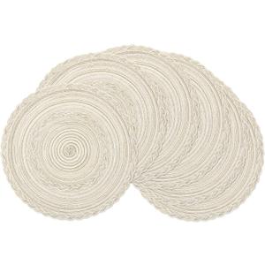 SHACOS Round Placemats Set of 6 Boho Braided Bordered Placemats 15 inch for Dining Tables Wedding Holiday Party (Ivory Bordered, 6)