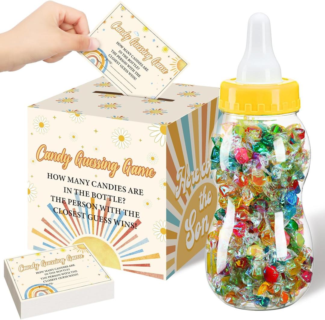 Glenmal 52 Pcs Baby Shower Games Gift Sets Large Baby Bottle for Shower Game Guess How Many Candies Decorations for Gender Reveal(Here Comes The Son)