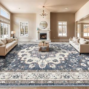 Living Room 10x14 Area Rugs - Large Washable Area Rug with Non Slip Backing Stain Resistant Carpet Vintage Distressed Rugs for Bedroom Ultra-Thin Soft Rugs Home Decor 10x14 Blue