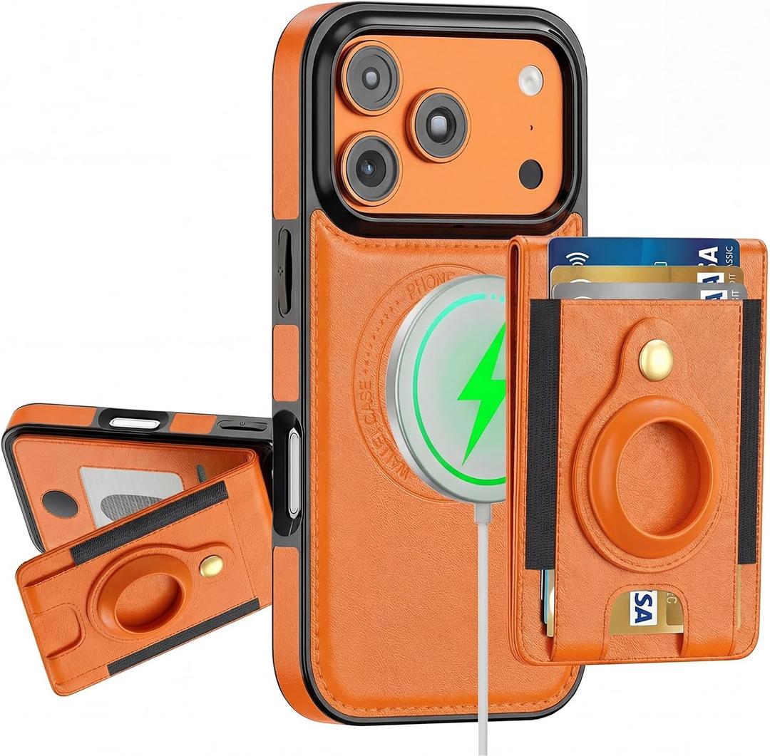 DREAMME Phone Case for iPhone 17 Pro Wallet Case Card Holder, RFID Blocking, Shockproof, Compatible with Magsafe 2 in 1 Detachable Phone Cover with Airtag Holder for Women Men, Orange