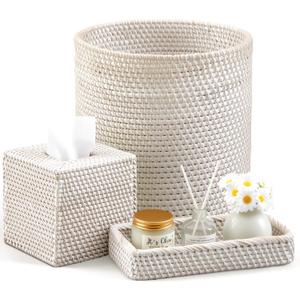 3 Pcs Rattan Bathroom Accessories Set Wicker Handwoven Trash Can Basket Waste Paper Basket Square Tissue Box Holder Toilet Vanity Tray for Kitchen Office Organizer Decorative(White)