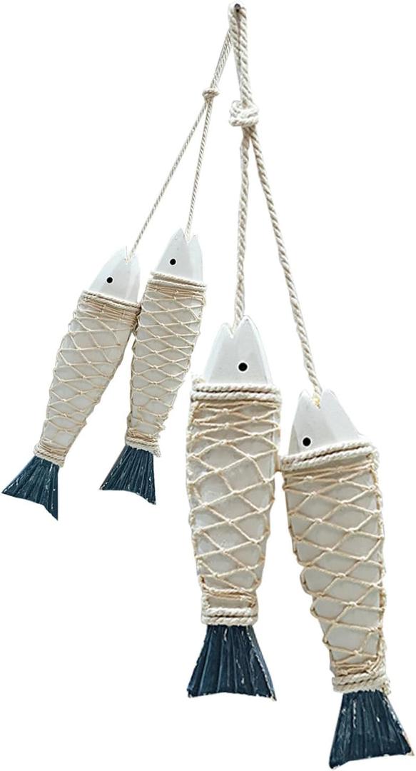 PWMENLK 4 Pcs Hand Carved Wooden Fish Home Wall Decor with Decorative Twine Rustic Coastal Art for Nautical Parties, Under The Sea Themes, Lake House Beach Themed Celebrations