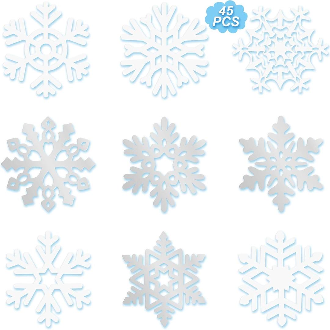 Zonon 45 Pieces Snowflake Cutouts Decorations, Winter Christmas Snowflake Paper Cutouts with Glue Point Dot for Bulletin Board Winter Party Home Class Office Decor Accessories (Silver,White)