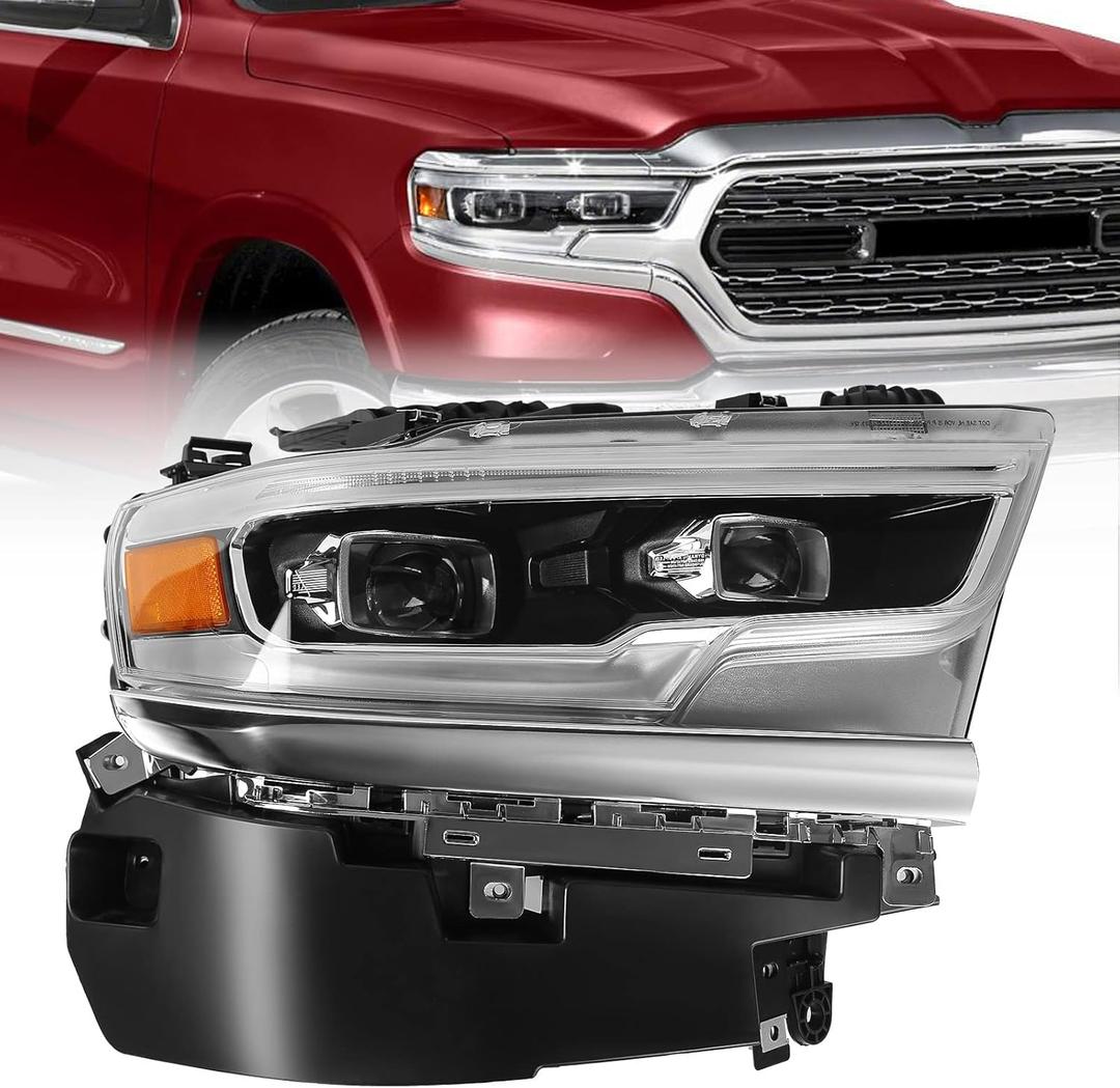 FIONE for Dodge Ram 1500 LED Headlight Assembly 2019 2020 2021 2022 Black Cover With Condenser Lens OE Style Headlamp Assemblies Right Passenger Side 68316084AD CH2503321 RT (RH)