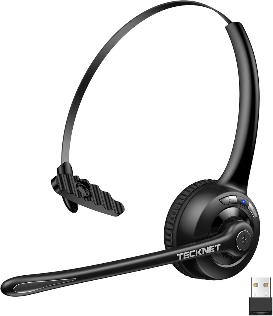 TECKNET Wireless Headset, Bluetooth Headphones with Noise Cancelling Microphone for Trucker, Hand Free Wireless Headset with Mute Mic for Cellphone/PC/Home/Office/Call Center (USB Dongle)