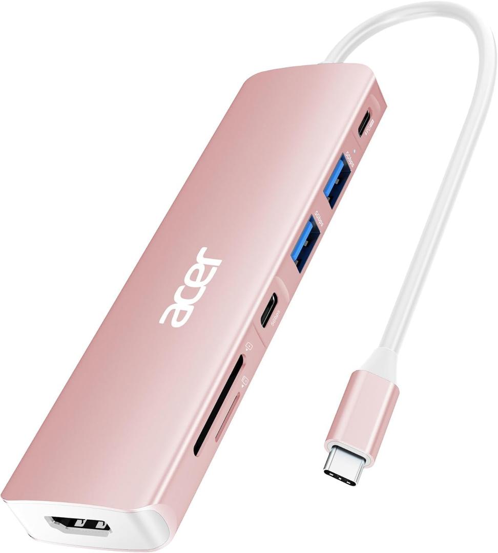 Acer USB C Hub, 7 in 1 USB-C to HDMI Multi-Port Adapter, 2 USBA 3.1 GEN1 and 5Gbps Type-C Data Port, 4K HDMI Port, PD 100W Charging, SD Card Reader for iPad Pro MacBook Pro Laptops and More(Pink)