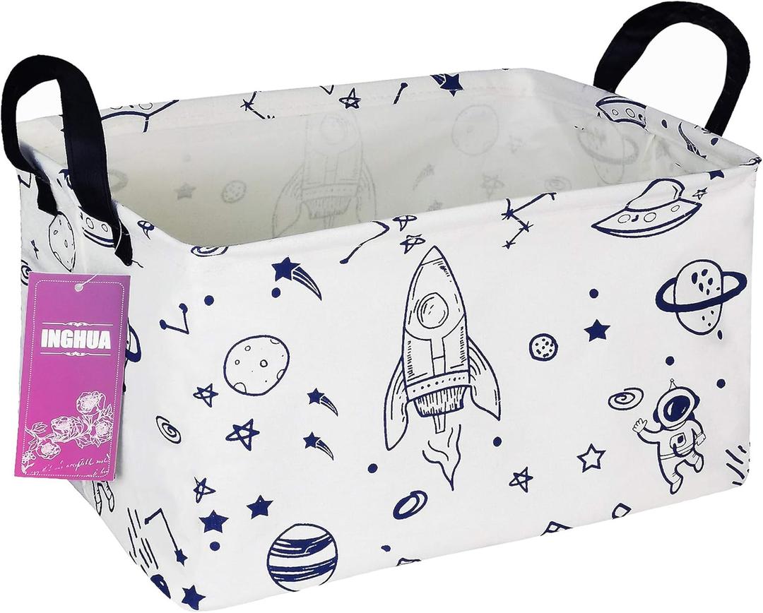 Rectangular Storage Basket Fabric Organizer Bin for Toys,Books,Clothes,Gifts,Pets-Perfect for Home,Office,Nursery,Dorm,Shelf(Rec Spaceships)