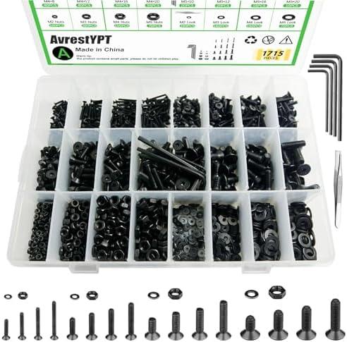 1715Pcs M2 M3 M4 M5 Screw Kit - 3D Printer Mini Screw, Allen Head/Flat Head/Countersunk Bolt/Screws, Metric Bolts Assortment, Black Nuts and Bolts for Mechanical Hardware