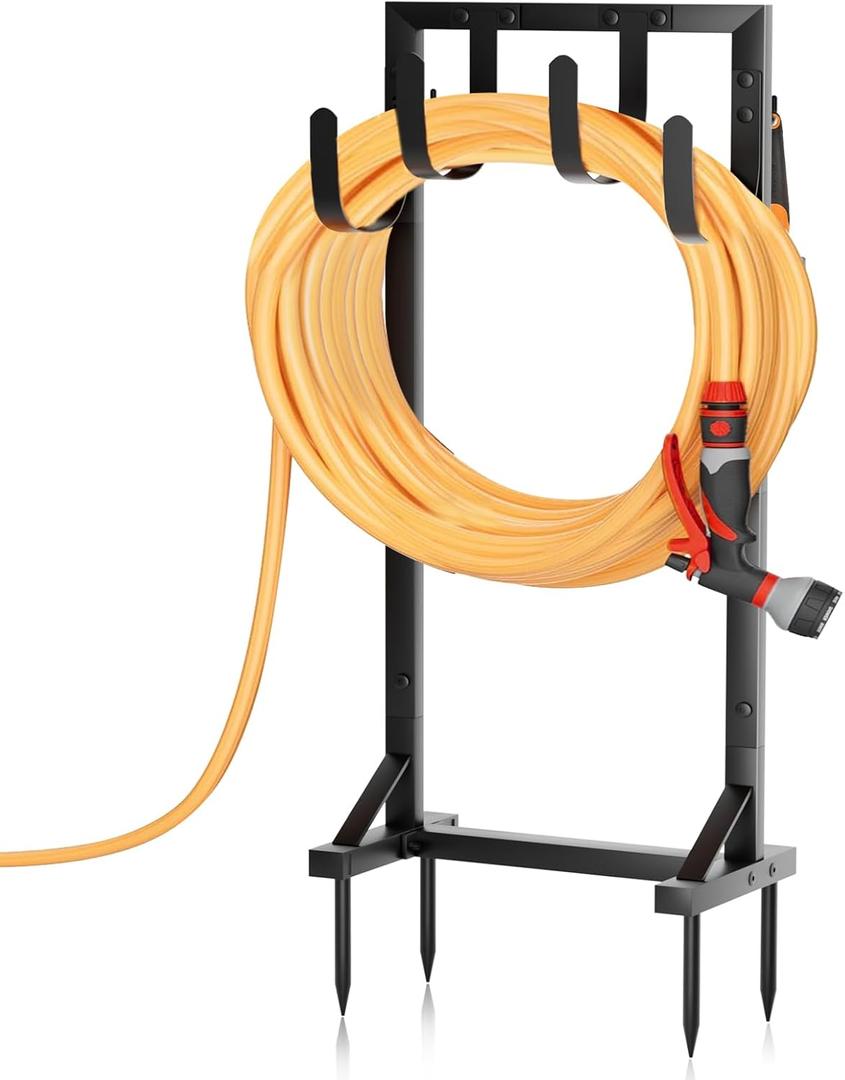 Heavy-Duty Garden Hose Holder with Stable Base and Tool Hooks, Freestanding Metal Hose Hanger Garden Hose Storage Holds 151Ft Hose, Rustproof Water Hose Holder for Outside Yard Lawn, Black