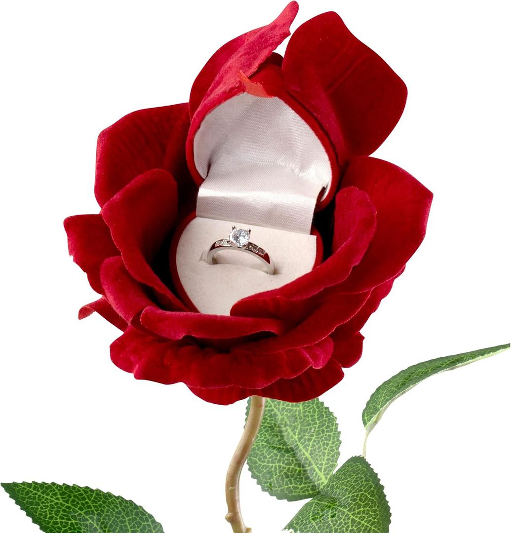 Noble Rose Ring Box - Flower Heart Engagement Ring Box for Proposal Ring, Ceremony, Wedding or Special Occasions (Red)