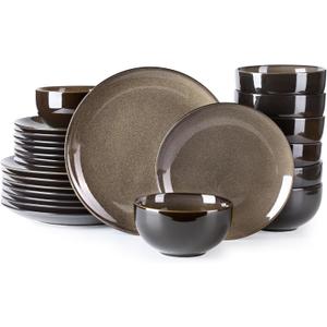 LERATIO Ceramic Dinnerware Sets for 8,Stoneware Plates and Bowls Sets,Handmade Reactive Glaze Dishes Set,Chip Resistant and Scratch Resistant | Oven&Dishwasher & Microwave Safe-Chestnut(24PCS) (Dreamy Moonlight-Chestnut)