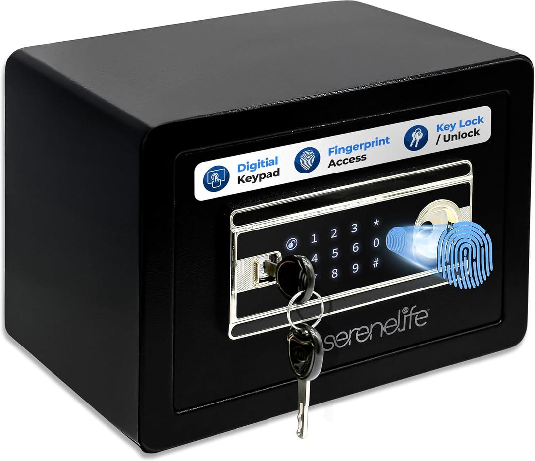 SereneLife Fingerprint Safe 0.63 Cubic FT | Electronic Fingerprint Access, Money, Handgun & Jewlery Safe for Home & Office | Touchscreen Keypad & includes 4 Keys | 13.77 x 9.84 x 9.84 Inch | Black