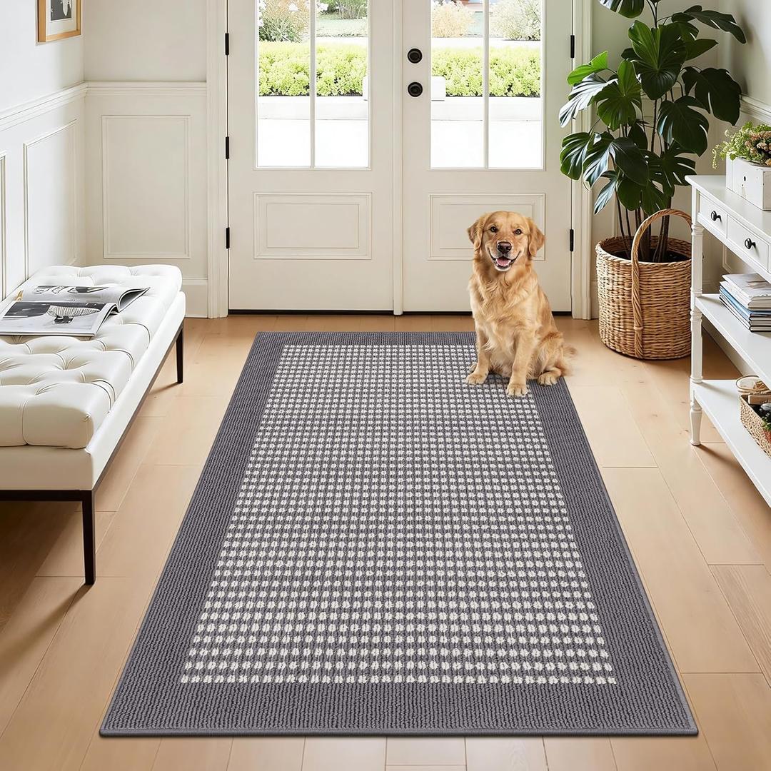 Ileading Indoor Door Mat 3x5ft Absorbent Dog Mats for Muddy Paws,Machine Washable Small Living Room Area Rug with Non-Slip Rubber Backing Low-Profile Inside Carpet for Hallway,Kitchen (Grey)