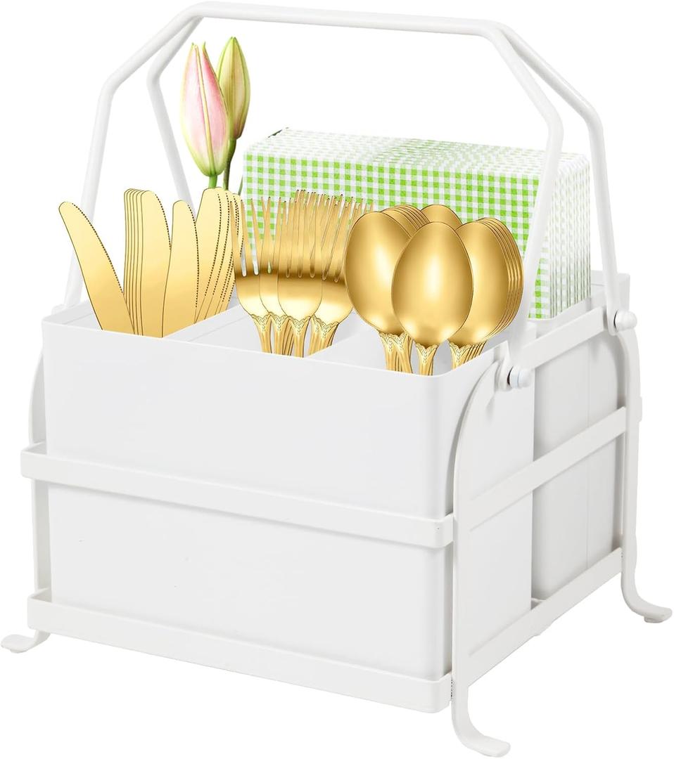 Silverware Caddy Utensil Holder With Handle,Outdoor Silverware Holder Picnic Caddy and Camping Utensil Organizer, Flatware Holder for Party Gatherings, Metal -White