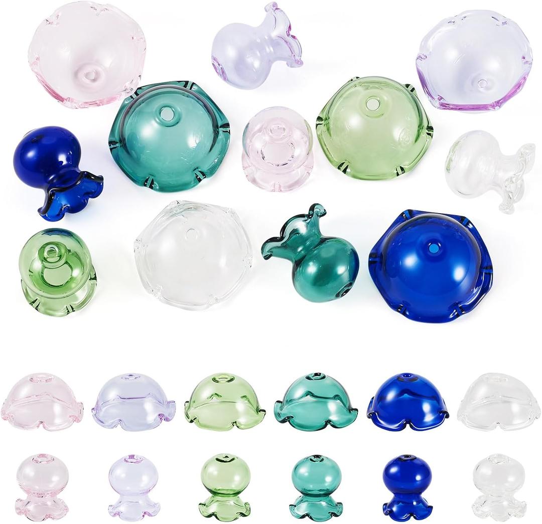 FASHEWELRY 12Pcs Transparent Flower Glass Beads Caps 6 Colors Crystal Wind Bell & Trumpet Flower Beads Set Jellyfish Bead for Craft Wind Chimes Tassels Drop Earring Jewelry Making