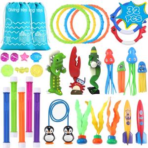 32 Packs Summer Pool Diving Swimming Essentials Water Toys for Kids, Fun Swim Games Sinking Set, Underwater Dive Easter Day Gifts with Storage Bag Include Torpedo Gems Shark Rings Sea Animals