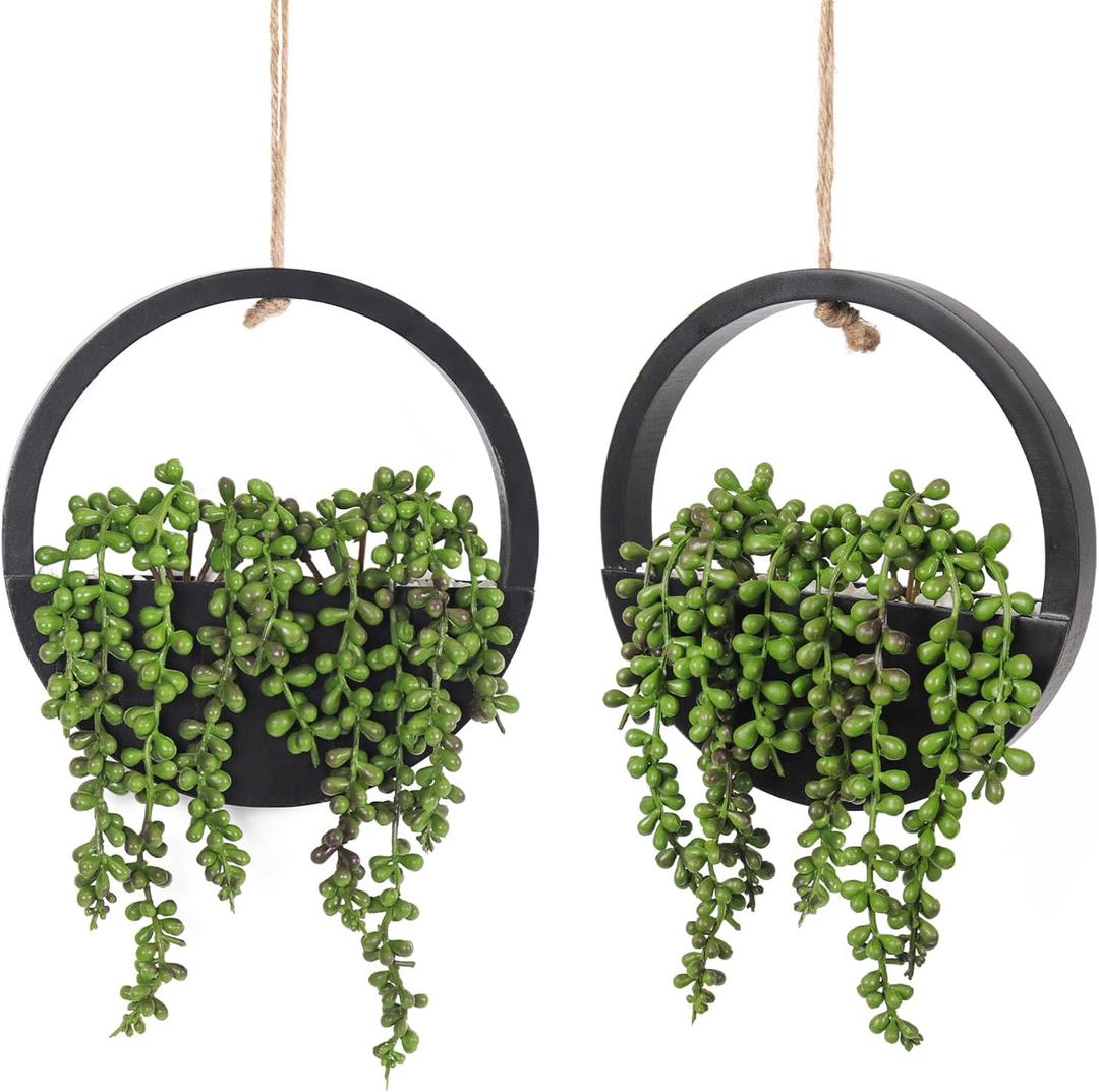 RECUTMS 2pcs Artificial Succulents Hanging Plants Fake String of Pearls in Black Pots Faux Plant Greenery Wall Decor for Balcony Indoor Outdoor Decor Home Office Bathroom Garden Decor