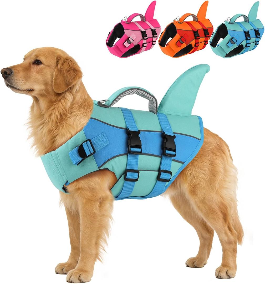 PETDSH Dog Life Jacket with Reflective Stripes, Shark Dog Life Vest for Swimming Boating with Superior Buoyancy and Rescue Handle for Small, Medium, Large Dogs (Blue, X-Large)