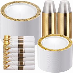 WELLIFE 50 Guests Dinnerware Sets, Gold Plastic Plates，Platos Para Fiestas Elegantes Desechables Include:50 Dinner Plates, 50 Dessert Plate, 150 Pcs Gold Plastic Silverware, 50 Cups for Party
