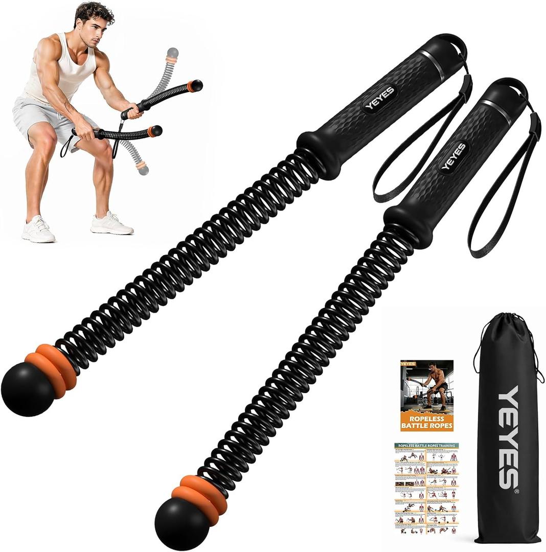 2 x YEYES Weighted Ropeless Battle Ropes - Heavy Duty Cordless Workout Ropes with Steel Spring Resistance for HIIT & Home Gym, Compact Full Body Fitness Equipment for Men & Women(Black)