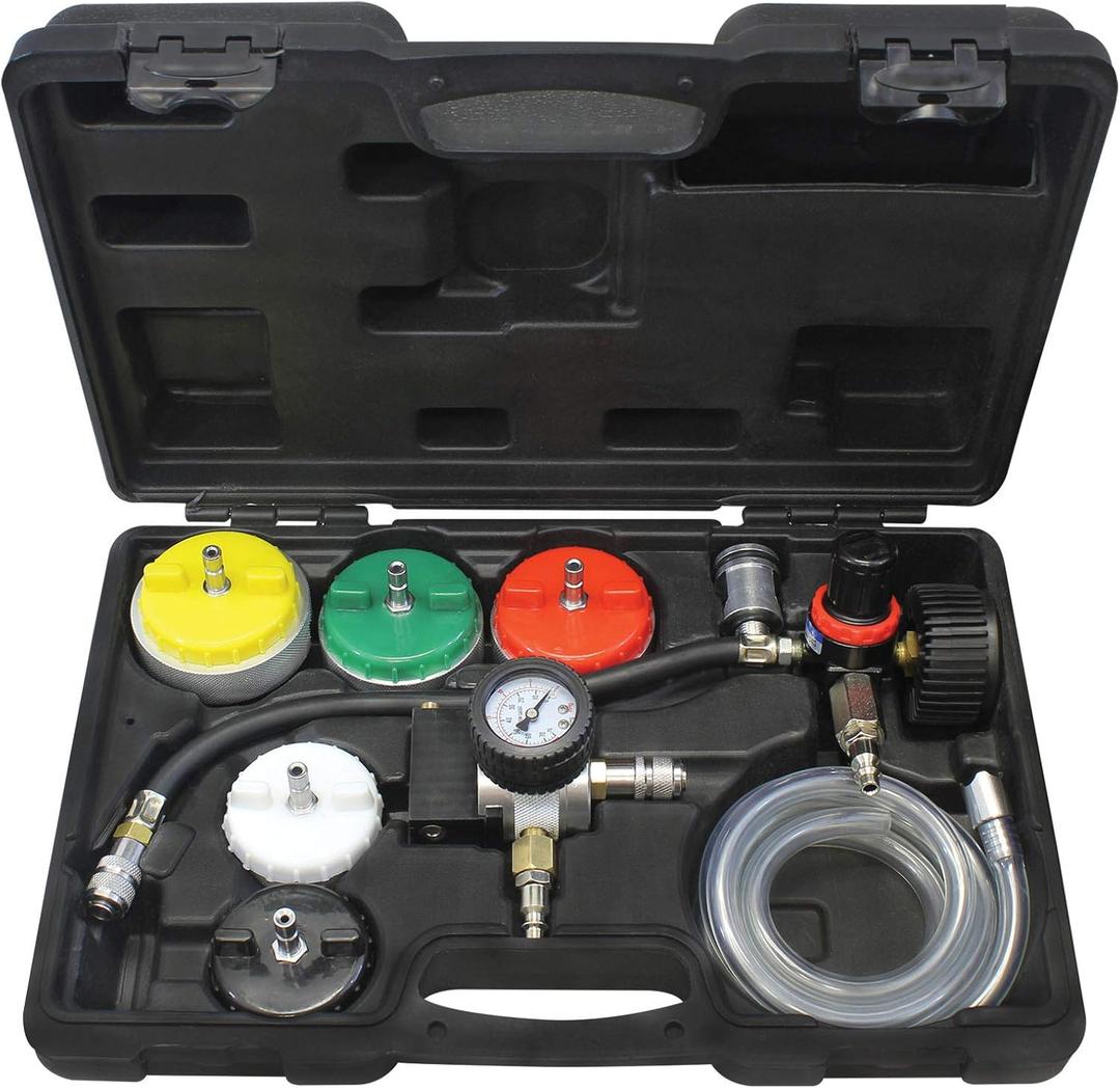 Mastercool 43306 HeavyDuty Cooling System Pressure Test & Refill Kit ShopAir Leak Tester and Vacuum Fill Tool with Vacuum Attachments & HeavyDuty Adapters U.S. Quality and Support