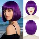 Dark Purple Bob Wig + Sunglasses + Free Wig Cap for Women Short Straight Bob Wig with Bangs Heat Resistant Synthetic Colorful Funny Wig for Party Cosplay Costume Halloween Use (12 Inch)