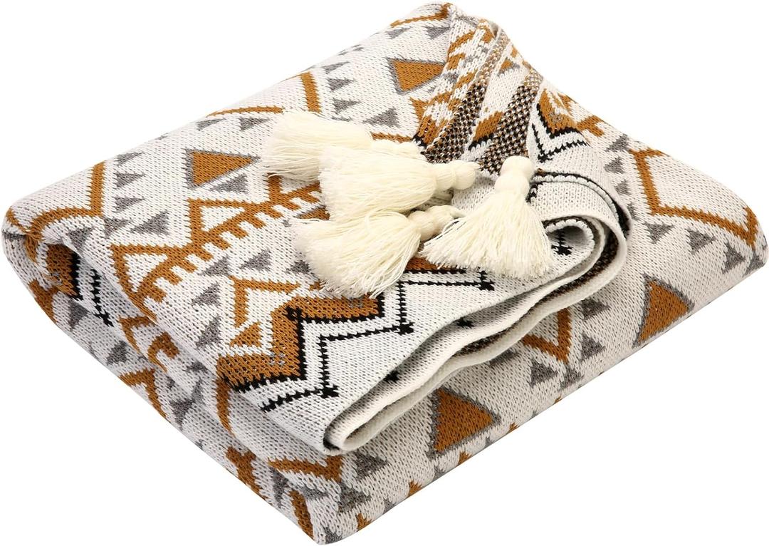 Orange Pattern Toile Boho Throw Blanket,Knitted Tassel Throw Blanket,Soft Lightweight Air Conditioning Blanket for Sofa Couch Bed and Living Room- All Seasons(Yellow Orange)