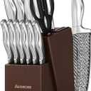 Knife Set, Astercook 15 Pieces Kitchen Knife Set with Built-in Sharpener, German Stainless Steel Knife Block Set, Razor-Sharp Knives with Full-tang Handle, Dishwasher Safe, Silver