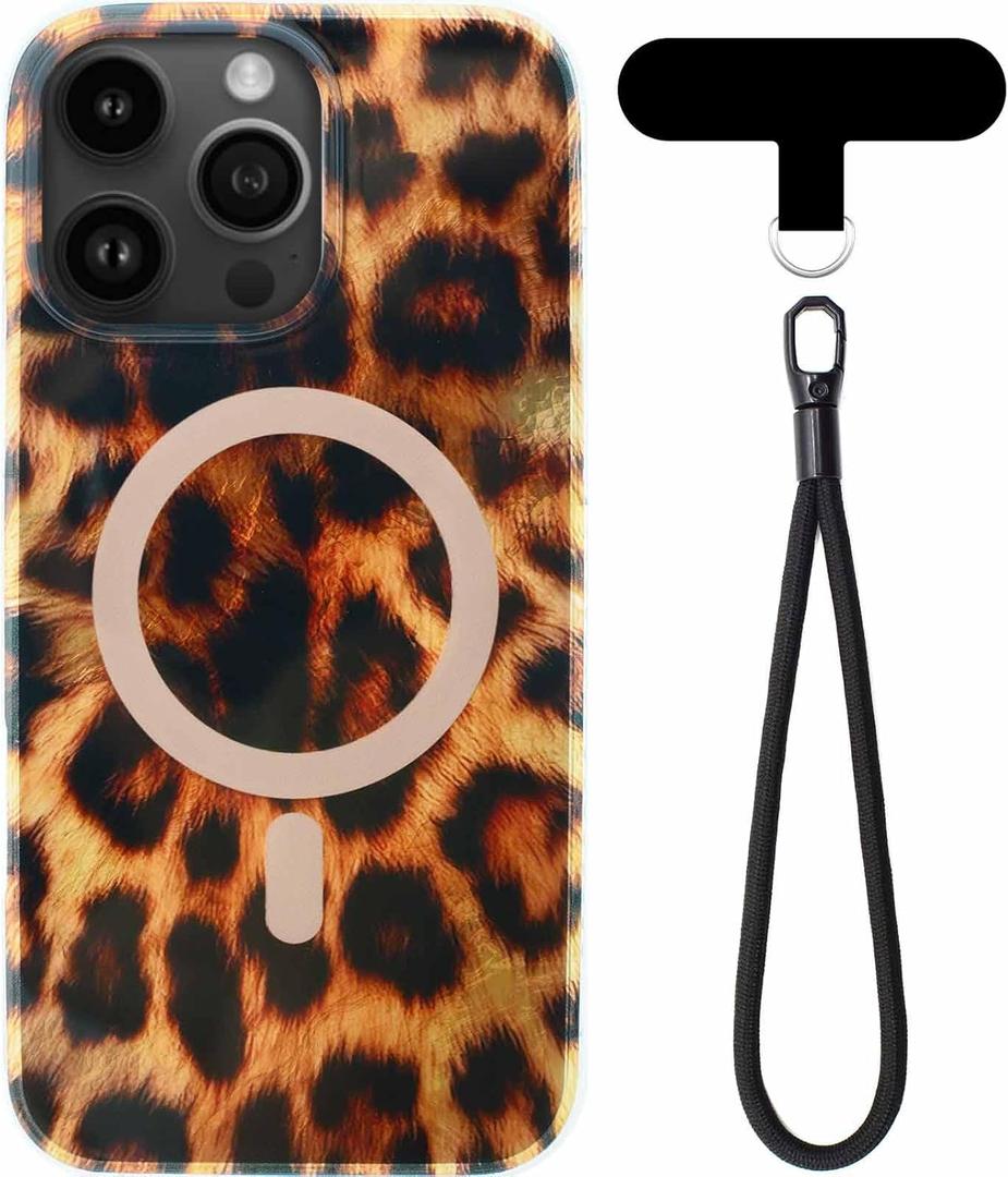 Brown Leopard Print Phone Case for iPhone 15 Pro Max ( 6.7inch ) - Compatible with MagSafe - 10ft Drop Tested, Soft Cheetah Protective Phone Case Cover with Wrist Lanyard Strap for Girls Women