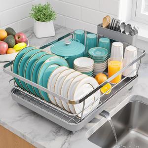 Stainless Steel Dish Drying Rack for Kitchen Counter, Sink Organization and Storage Essentials with Silverware & Utensil Holder, Home and Apartment Decor, 12''W x 15.5''L, Silver