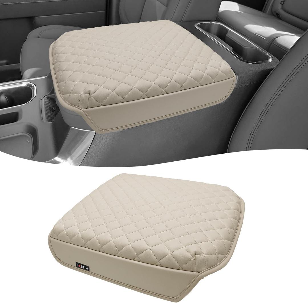 KBH Center Console Armrest Cover for 2019-2025 Chevy Silverado & GMC Sierra, 2021-2025 Tahoe & Suburban & Yukon Accessories, Vinyl Leather, Off White (Fits Bucket Seat Console Only)