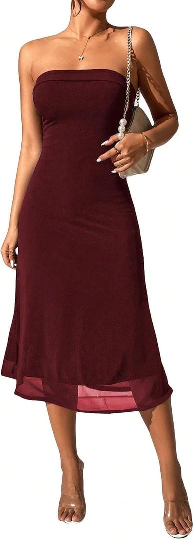 SOLY HUX Women's Strapless Midi Dress Tube Top Off Shoulder Sleeveless Fitted Cocktail Club Party Formal Long Dresses (Plain Burgundy, 
XL
)