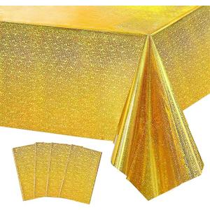 4 Pack Gold Iridescence Plastic Tablecloths Shiny Disposable Laser Table Covers 54" x 108" Sequin Holographic Foil Tablecloths for Birthday, Wedding, Party, Picnic, Buffet, Holiday Decorations
