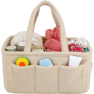 Baby Diaper Caddy Organizer  Soft Beige Sherpa with 3 Removable Compartments & 6 Side Pockets  Perfect Nursery Storage Bin & Car Organizer for Diapers, Baby Wipes, and Essential Supplies.