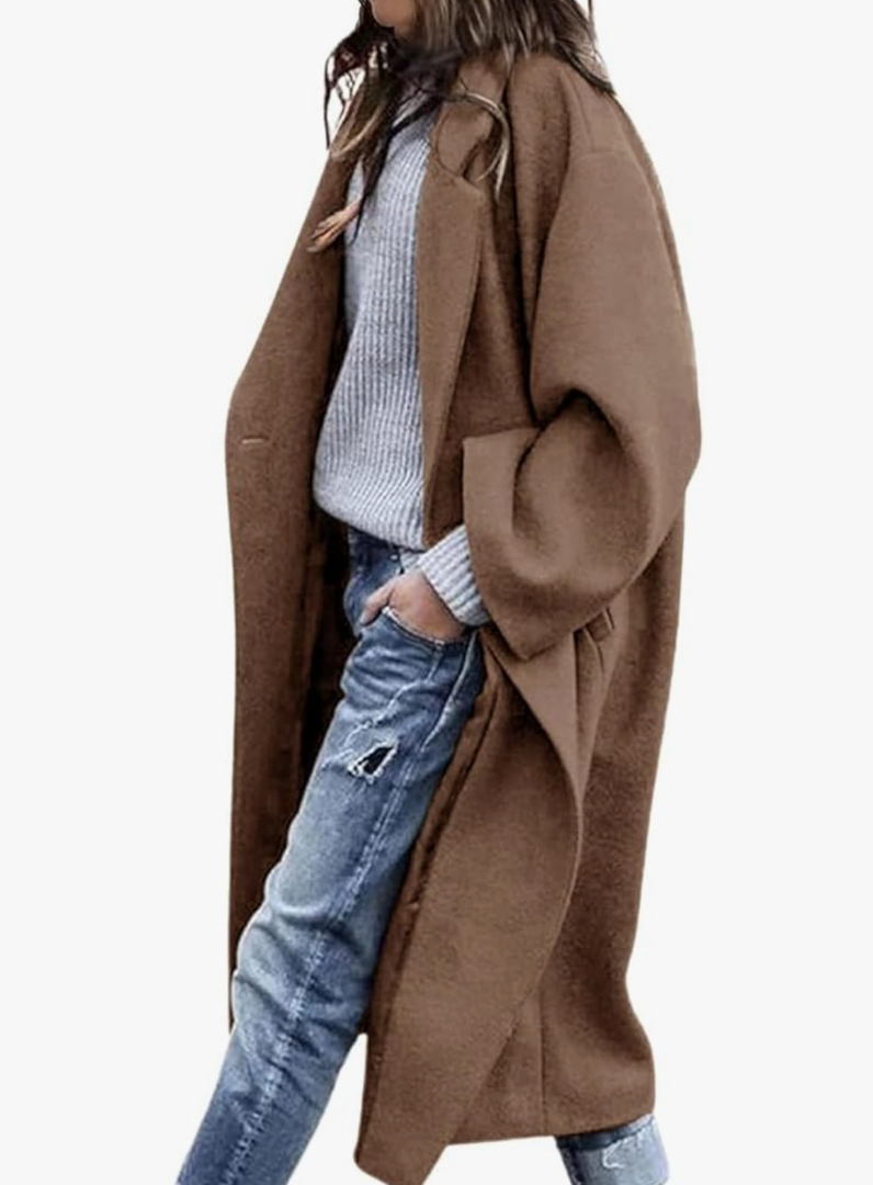 Women's Winter Pea Coat Notch Lapel Single Breasted Oversized Long Casual Wool Blend Overcoat, L