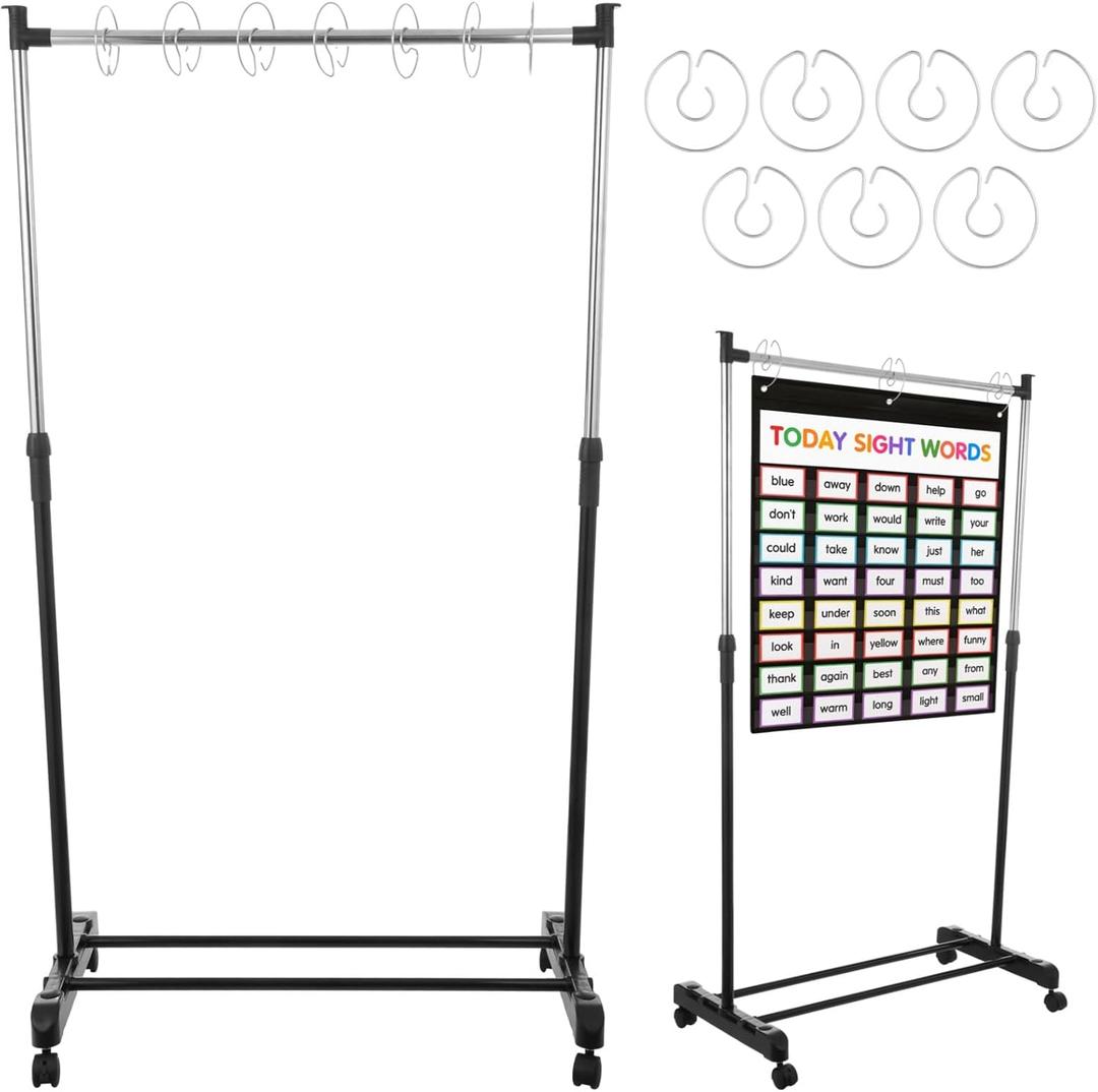 Adjustable Pocket Chart Stand, Rolling Pocket Chart Holder with Casters & 7 Rings, 35.75-63" Height, Teaching Supplies for Classroom Room Educational Tools