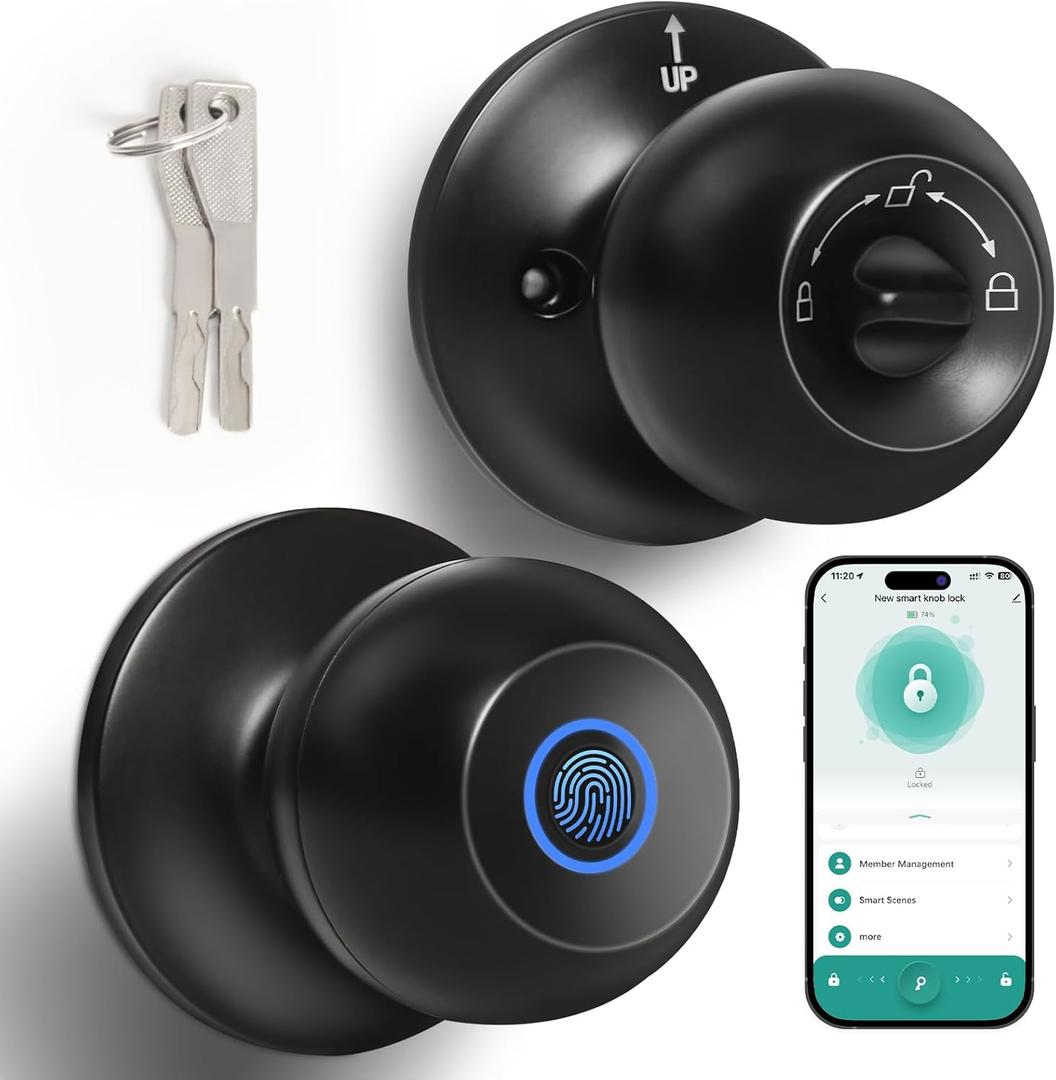 Fingerprint Door Lock, Smart Fingerprint Door Knob, Biometric Door Lock with App Control for Bedroom, Apartment, Front Door, Home(Black)